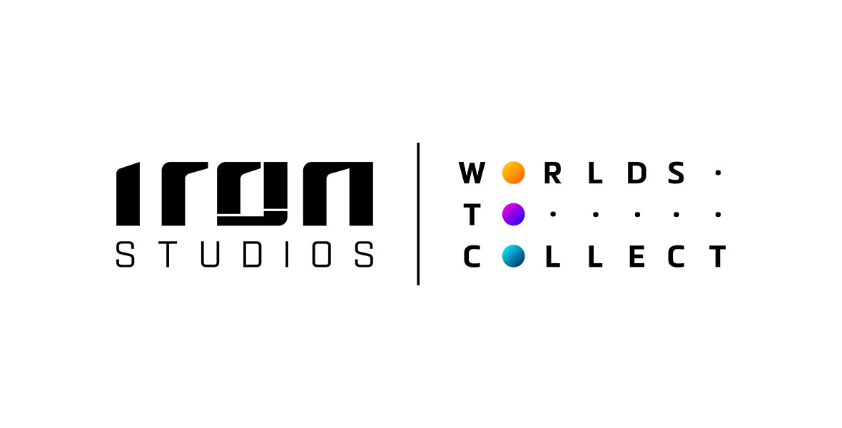 The logo for Iron Studios – Worlds to Collect, features the brand name and tagline in black typeface against a grey background. The “O”s in “Worlds to Collect” look like globes in the following hues from top to bottom: orange, purple/blue, and aqua/green.