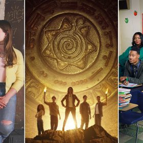 Left: Olivia Holt and Chiara Aurelia from Freeform's Cruel Summer lean against a graffitied wall, staring at each other. Middle: Key art for National Treasure: Book of Secrets, featuring the silhouette of 5 people, two holding torches, against the background of a mysterious golden artifact featuring concentric circle with mysterious symbols. Right: The cast of Abbott Elementary sits at desks in an elementary school classroom, all with slightly strained expressions on their faces like they are sitting for a school picture
