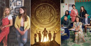 Left: Olivia Holt and Chiara Aurelia from Freeform's Cruel Summer lean against a graffitied wall, staring at each other. Middle: Key art for National Treasure: Book of Secrets, featuring the silhouette of 5 people, two holding torches, against the background of a mysterious golden artifact featuring concentric circle with mysterious symbols. Right: The cast of Abbott Elementary sits at desks in an elementary school classroom, all with slightly strained expressions on their faces like they are sitting for a school picture