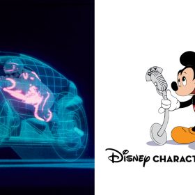 Left: A lineup of three blue lightcycles from the film TRON, each piloted by a program in a lit-up "TRON" suit. Right: An illustration of Mickey Mouse in his classic red shorts, reading aloud from a script in one hand while speaking into an old-fashioned microphone held in the other. Below him is the text "Disney Character Voices, Inc.