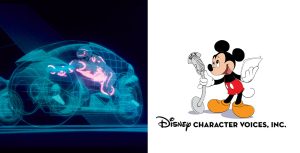 Left: A lineup of three blue lightcycles from the film TRON, each piloted by a program in a lit-up "TRON" suit. Right: An illustration of Mickey Mouse in his classic red shorts, reading aloud from a script in one hand while speaking into an old-fashioned microphone held in the other. Below him is the text "Disney Character Voices, Inc.