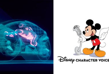 Left: A lineup of three blue lightcycles from the film TRON, each piloted by a program in a lit-up "TRON" suit. Right: An illustration of Mickey Mouse in his classic red shorts, reading aloud from a script in one hand while speaking into an old-fashioned microphone held in the other. Below him is the text "Disney Character Voices, Inc.