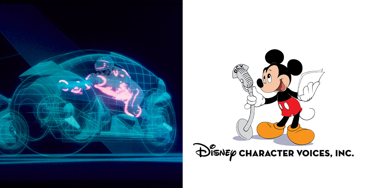Left: A lineup of three blue lightcycles from the film TRON, each piloted by a program in a lit-up "TRON" suit. Right: An illustration of Mickey Mouse in his classic red shorts, reading aloud from a script in one hand while speaking into an old-fashioned microphone held in the other. Below him is the text "Disney Character Voices, Inc.