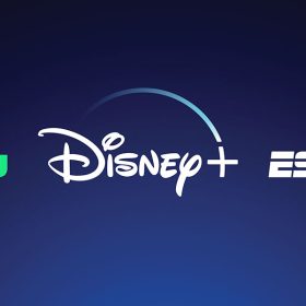 Three logos against a blue background: The Hulu logo in blocky green text, the Disney+ logo in the white Disney cursive font with a blue arc above the word "Disney" that connects to the plus sign, and the ESPN+ logo in a stylized blocky white text with the plus sign in yellow