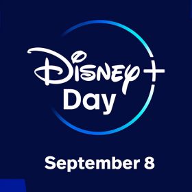 The Disney+ Day logo, in white font, set against rectangles in various shades of blue