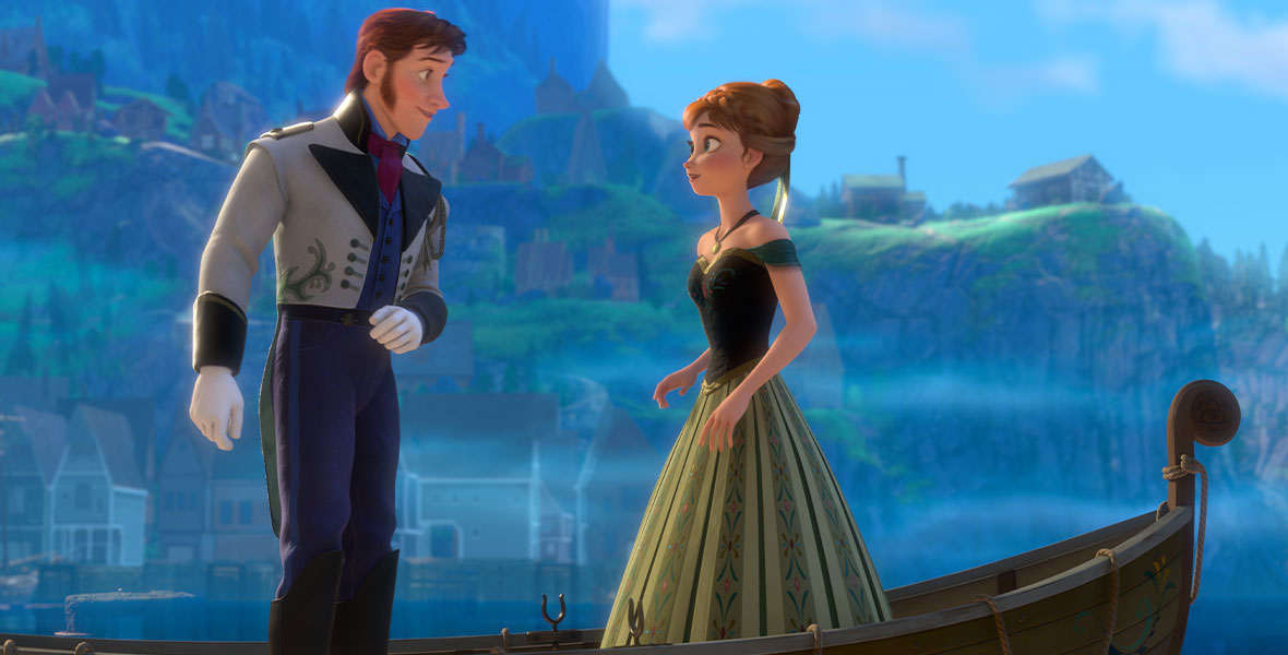 Prince Hans stands in a boat, facing Princess Anna in Frozen. He is wearing formal attire, and she is wearing a green gown. Behind them is the kingdom of Arendelle.