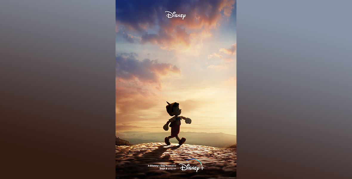 In the teaser poster for Pinocchio, Pinocchio is in silhouette as he walks across a cobblestone street.