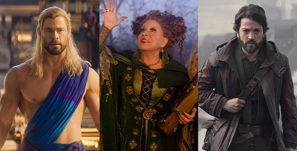 Thor, played by Chris Hemsworth, is shirtless and wearing a blue Grecian robe. Winifred Sanderson, played by Disney Legend Bette Midler, is wearing her green and purple dress and raising one hand in the air, and in the other hand, she holds her magical book of specials. Cassian Andor, played by Diego Luna, walks with purpose.