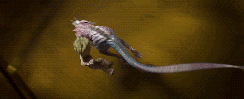 A gif of Baby Groot being dragged around by an alien lizard creature. Baby Groot is looking at camera with a terrified look on his face and his left arm is holding onto the back of a slimy reptilian creature that is pink, blue, and grey in color and running quickly along a corridor.