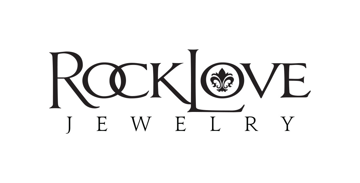 The logo for RockLove Jewerly in black typeface against a white background. An emblem of the Fleur-de-lis within the “O” of the word “Love.”