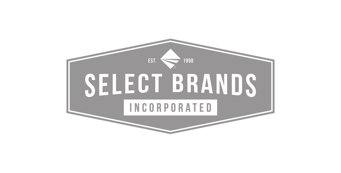 The logo for Select Brands features “Select Brands” in white typeface against a grey background and “Incorporated” in a white box in grey lettering. The line “Est. [icon] 1998 is positioned on top within a rectangular shape with peaks on the top and bottom.