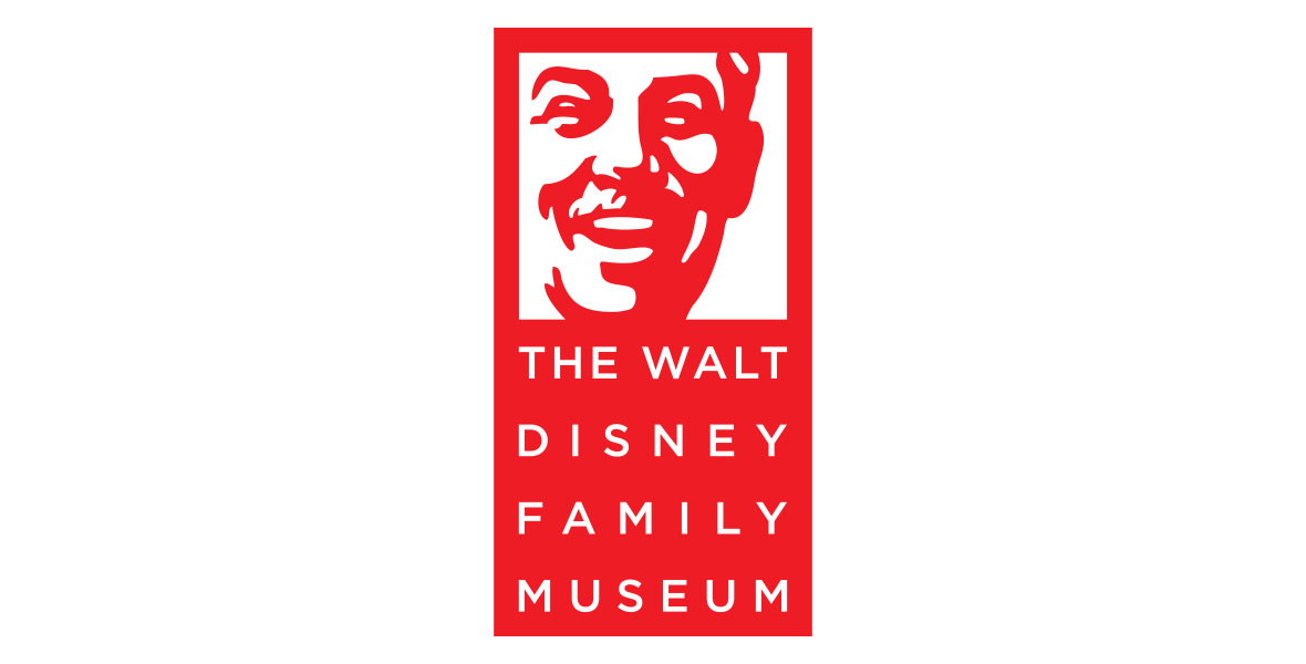 The official logo for The Walt Disney Family Museum features an illustration in red and white of Walt Disney smiling with the name of the musueum “The Walt Disney Family Museum” below in white typeface against red.