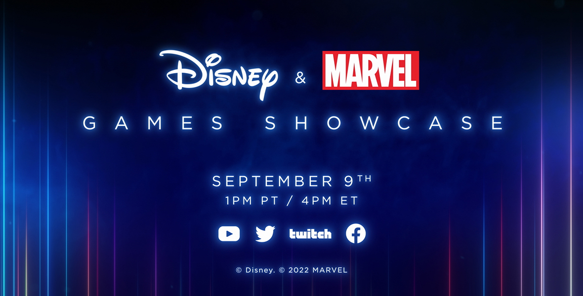 White, glowing text that states "Disney & Marvel GAMES SHOWCASE, September 9TH, 1 p.m. PT / 4 p.m. ET" against a blue background with glowing neon strips along the bottom. The words "Disney" and "Marvel" are both depicted as the company logos. Across the bottom of the image are the white logos for YouTube, Twitter, Twitch, and Facebook.