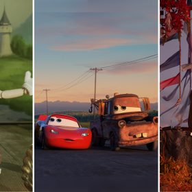 A CGI version of Pinocchio kneels centerstage with arms extended. Behind him is a tapestry with a castle surrounded by lush green landscapes. He wears red shorts, white gloves, a soft yellow shirt, black vest, a blue bowtie, and a yellow hat. An animated teal car with giant wheels and eyes on the windshield drives down a rural road with the sun setting behind. Actor Chris Hemsworth, portraying Thor, sits on a rock and looks on with wind blowing hanging colorful flags. He wears a long, tan tunic.