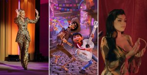 Host Kelly Ripa smiles and waves with both hands to the audience while walking onto the set. She wears a gold, two-piece suit with black accents. In the background is an orange wall. Animated characters Hector and Miguel from Disney and Pixar’s Coco stand back-to-back and dance in the street. Hector, a skeleton, wears torn, brown pants and vest along with a tattered straw hat. Miguel wears a red sweatshirt and jeans and holds a large white guitar. The street is paved with cobblestones and behind them are arches adorned with colorful lights. Jacks Haupt wears a brown and tan printed dress and holds a glass perfume bottle in her hands. She stands in front of a red curtain and an arm is in the frame adjusting her hair.