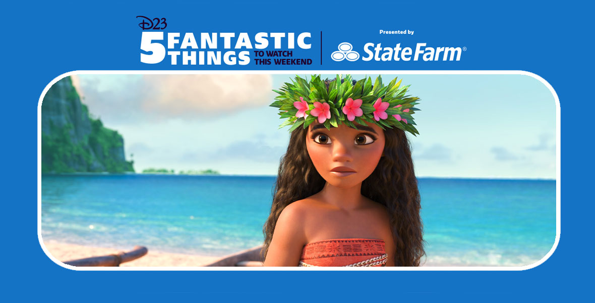 Animated teenage girl Moana wears a crown made with pink flowers and green leaves. She wears an orange and tan strapless top with a Polynesian print. Behind her is a calm blue ocean and large mountain covered with greenery.