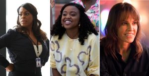 Actor Niecy Nash-Betts wears a black blazer and white shirt with a lanyard holding an ID card. She stands with her hands on her hips and looks over her right shoulder. Actor Quinta Brunson smiles and leans forward. She wears a yellow sweatshirt with purple accents and pushed up sleeves. Actor Hillary Swank smiles and sits in a dark bar/restaurant. She wears dark clothing. Behind her is a blurred background with neon lights.