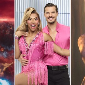 Anya Taylor-Joy, in character as Illyana Rasputin aka Magik, is wearing a leather outfit. She is stepping into a red portal, and her straight blonde hair is blowing in the wind. The drag queen Shangela wears a pink, bejeweled, fringe dress. Behind her is the professional dancer Gleb Savchenko, wearing a matching pink shirt. The animated Jedi Mace Windu wields a purple lightsaber in the dark.