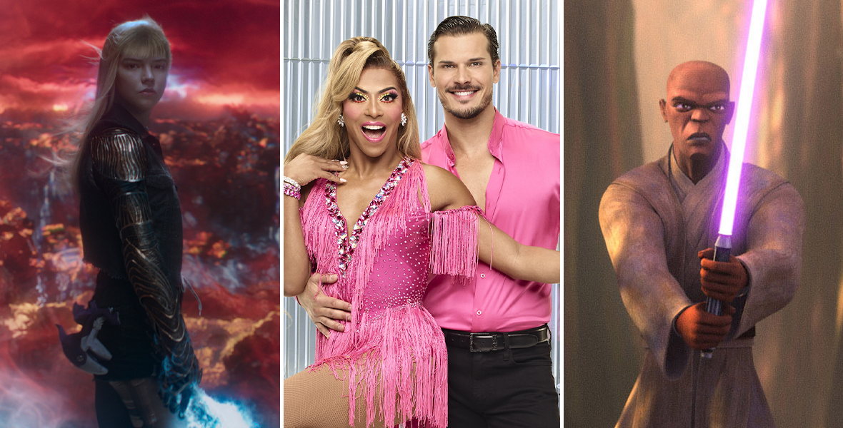 Anya Taylor-Joy, in character as Illyana Rasputin aka Magik, is wearing a leather outfit. She is stepping into a red portal, and her straight blonde hair is blowing in the wind. The drag queen Shangela wears a pink, bejeweled, fringe dress. Behind her is the professional dancer Gleb Savchenko, wearing a matching pink shirt. The animated Jedi Mace Windu wields a purple lightsaber in the dark.