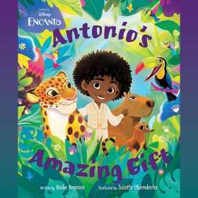 Illustrated book cover with purple text reading “Antonio’s Amazing Gift.” An animated young boy stands at the center and is surrounded by animated animals: a jaguar, ca apybara, and a toucan.