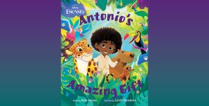 Illustrated book cover with purple text reading “Antonio’s Amazing Gift.” An animated young boy stands at the center and is surrounded by animated animals: a jaguar, ca apybara, and a toucan.