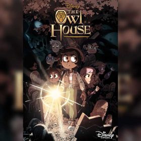 Animated teen girl wears a tan jacket and tan pants. She holds a flashlight and stands in the shadows. Behind her are faces of teen boys and girls all looking in different directions. The Owl House logo is located atop the key art.
