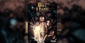 Animated teen girl wears a tan jacket and tan pants. She holds a flashlight and stands in the shadows. Behind her are faces of teen boys and girls all looking in different directions. The Owl House logo is located atop the key art.