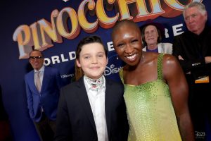 (L-R) Benjamin Evan Ainsworth and Cynthia Erivo attend the Pinocchio world premiere at Walt Disney Studios in Burbank, California on September 07, 2022.