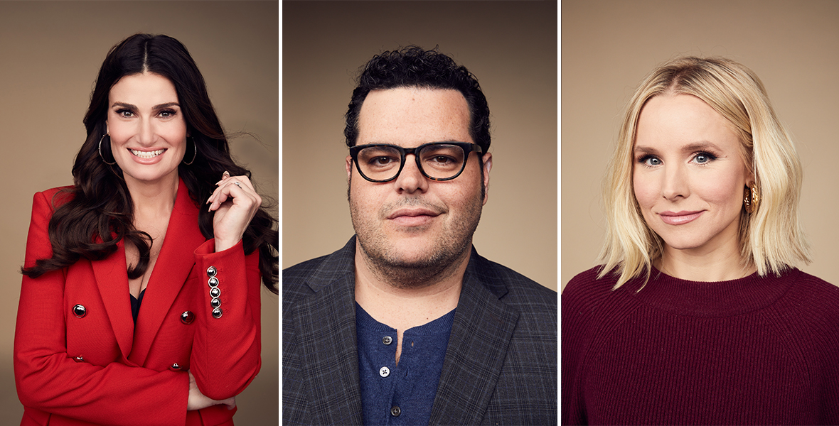 IMAGE 01A Alt Text: Actor Idina Menzel smiles with her right arm posed around her stomach and left arm bent upwards. She wears a double-breasted red blazer with black buttons and stands in front of a brown muted backdrop. IMAGE 01B Alt Text: Actor Josh Gad gently smiles and wears a patterned black blazer, blue shirt and thick, black-framed glasses. He stands in front of a brown muted backdrop. IMAGE 01C Alt Text: Actor Kristen Bell gently smiles and wears a dark maroon sweater. She stands in front of a light-brown muted backdrop.