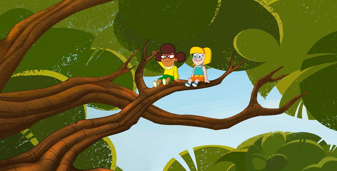 Two animated young girls sit side-by-side on a branch in a large tree. Left to right, Bailey wears a yellow sweater and green shorts with white sneakers. She wears black-framed glasses and holds a smaller branch with her right arm. Gretel wears a blue top and pink skirt with a matching headband. She looks to her right at Bailey.