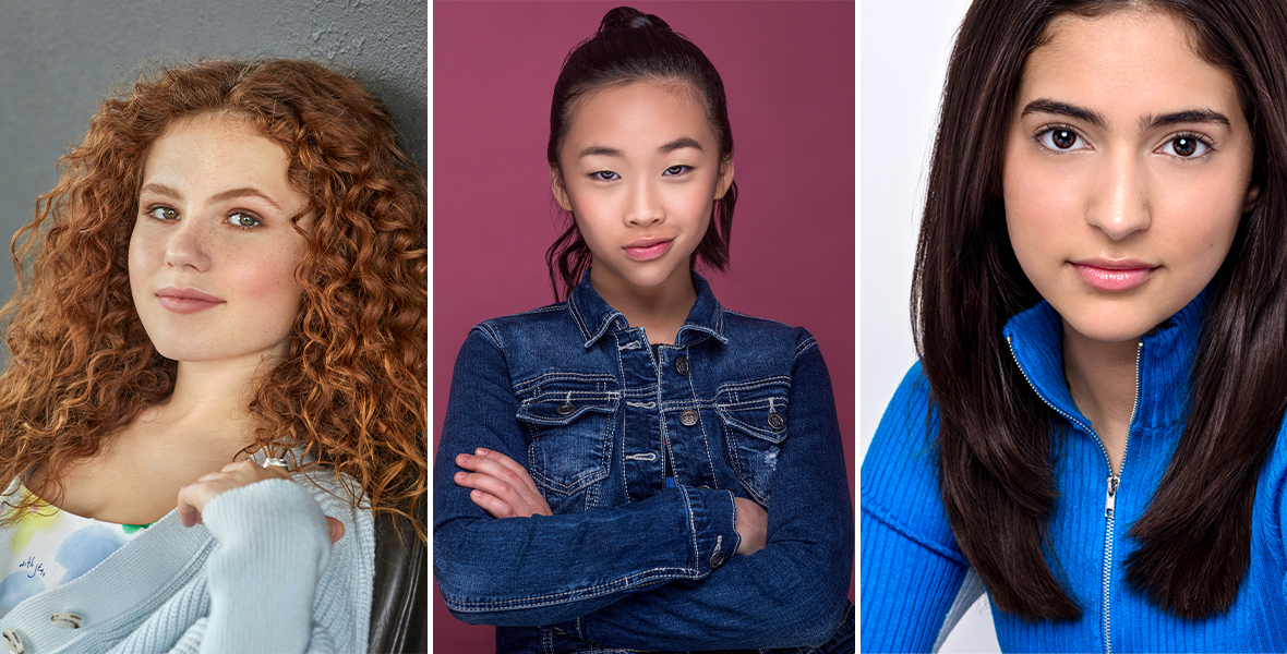 Promo images of three stars from Disney Branded Television’s upcoming Original Movie The Slumber Party. Darby Camp has red curly hair and is wearing a light blue sweater, leaning against a grey wall; Emmy Liu-Wang has dark hair in a ponytail and is wearing a jean jacket, and she’s set against a burgundy wall; and Valentina Herrera has dark hair and is wearing a blue zip-up sweater, and she’s set against a white background. 