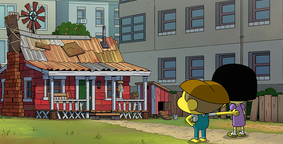 Animated characters Crickey and Tilly Green touch arms and stand facing an old house. The house is red with tin and boards used for roofing and repairs. Next to and behind the house are modern tan-colored buildings with several windows.
