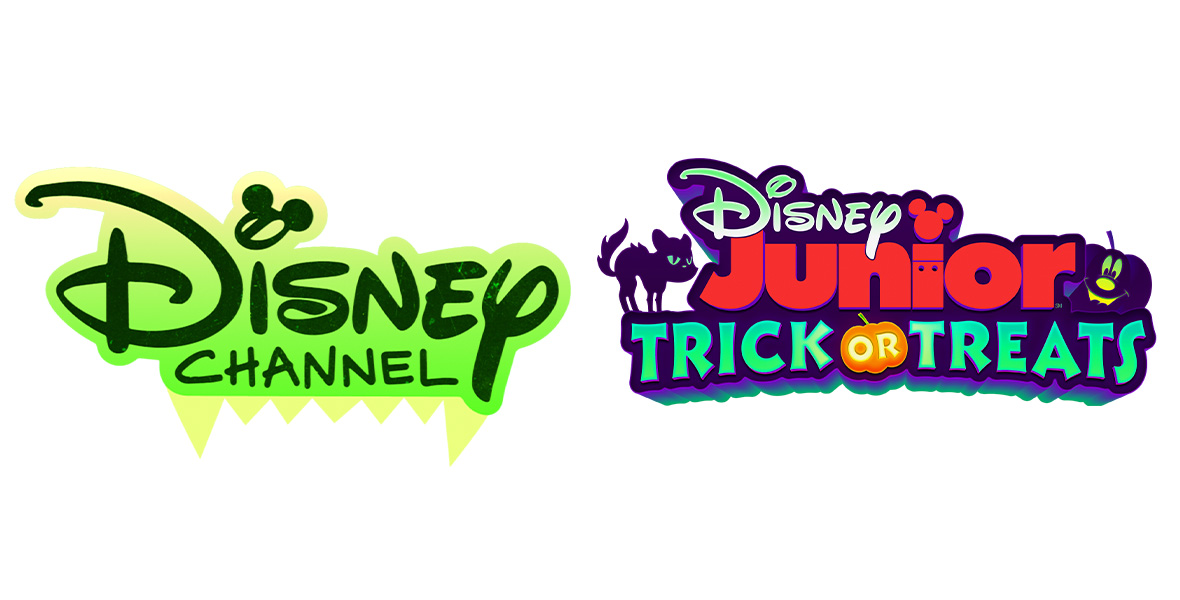 The colorful logos for Disney Channel and Disney Junior’s Halloween programming events are side by side; Disney Channel’s has fangs at the bottom, while Disney Junior’s says “Trick or Treat” under the network logo; on left side of the word “Junior” there’s a black cat, and on the right side there is a black Jack-o’-lantern.
