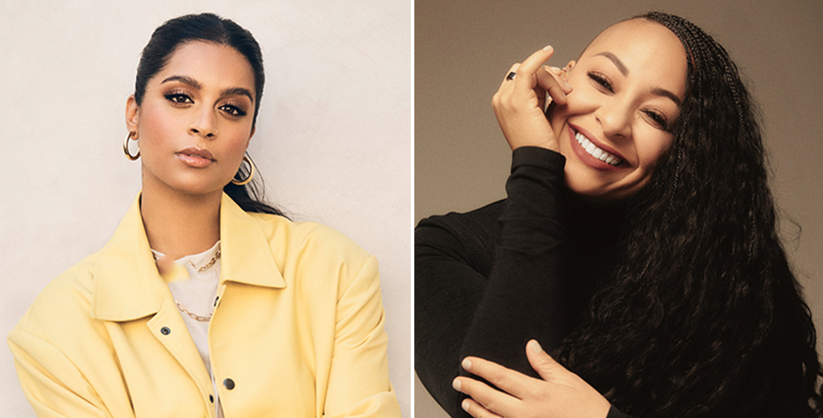 IMAGE 03A Alt Text: Actor Lilly Singh leans against a neutral wall with her arms folded across her stomach and a somber expression. She wears a yellow coat and nude top. IMAGE 03B Alt Text: Actor Raven-Symoné smiles with her head resting in her right palm and left arm grasping her knee. She wears a black turtleneck and sits in front of a brown muted backdrop