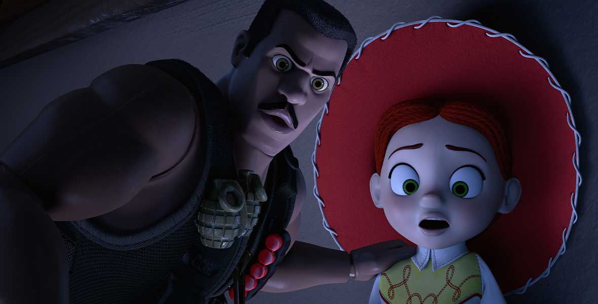 In a still from Toy Story of TERROR!, Combat Carl, voiced by Carl Weathers, places his left arm behind Jessie, voiced by Joan Cusack. They are in the dark and have scared expressions on their faces.