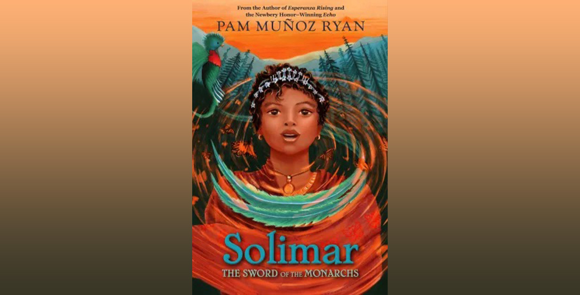 A young girl holds her mouth agape and looks on. She wears a crown on her head and is surrounded by blue circles. Behind her are tall woodland trees. The blue text reads “Solimar: The Sword of the Monarchs.”