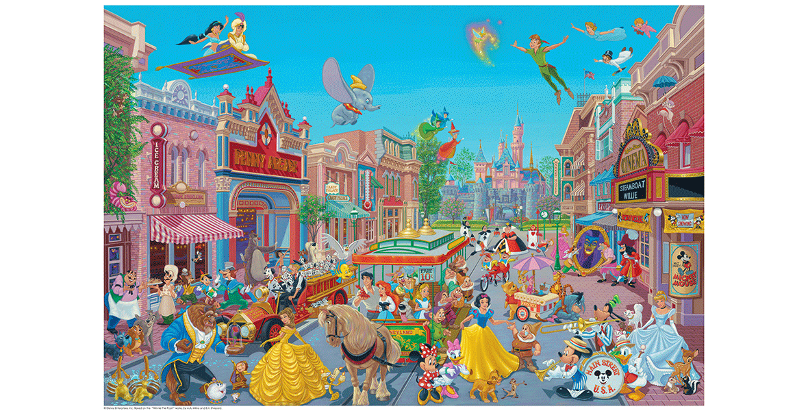 Art scene depicting Disneyland’s Main Street U.S.A with the following characters parading in the street (left to right): Chip, Dale, and the Cheshire Cat are seen hanging out in a tree. Below them, Lady, Jacque, and Tramp are seen next to Tony and Joe holding a plate of spaghetti. The sorcerer’s mops are caring buckets of water by the Beast, Mrs. Potts, Chip, Cogsworth, Belle, and Philippe. Behind them, Roger and Pongo are driving the Fire Department truck with the whole dalmatian family. Pinocchio, The Fox, and The Cat are walking with Jiminy Cricket floating above them. Aladdin and Jasmine are soaring above the Penny Arcade on the magic carpet, next to Dumbo, the Fairy Godmother, Peter Pan, Tinker Bell, Wendy, and John. In the center of Main Street U.S.A, Prince Eric, Ariel, Flounder, Scuttle, Alice, The Mad Hatter, and the Seven Dwarfs are riding the Disneyland Trolly. Minnie Mouse, Daisy Duck, Simba, Timon, Mickey Mouse, Goofy, Donald Duck, Cinderella, Bambi, Thumper, Flower, and the Aristocats are dancing and playing music. Winnie the Pooh, Eeyore, Tigger, Rabbit, Piglet, Roo, Captain Hook, Magic Mirror, Tweedle Dee, Tweedle Dum, Queen of Hearts, the Queen’s Knights, and Sleeping Beauty are seen behind them.