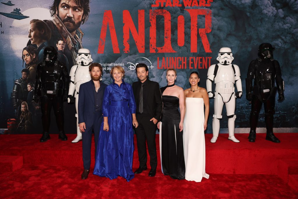 LOS ANGELES, CALIFORNIA - SEPTEMBER 15: (L-R) Kyle Soller, Fiona Shaw, Diego Luna, Genevieve O'Reilly and Adria Arjona arrive at the special 3-episode launch event for Lucasfilm's original series Andor at the El Capitan Theatre in Hollywood, California on September 15, 2022. (Photo by Jesse Grant/Getty Images for Disney)