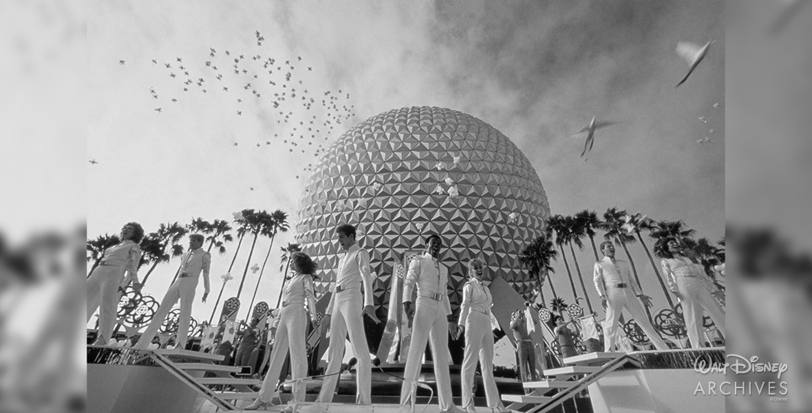 A close-up photograph of the entertainment performers at the EPCOT Center dedication on October 1, 1982. 