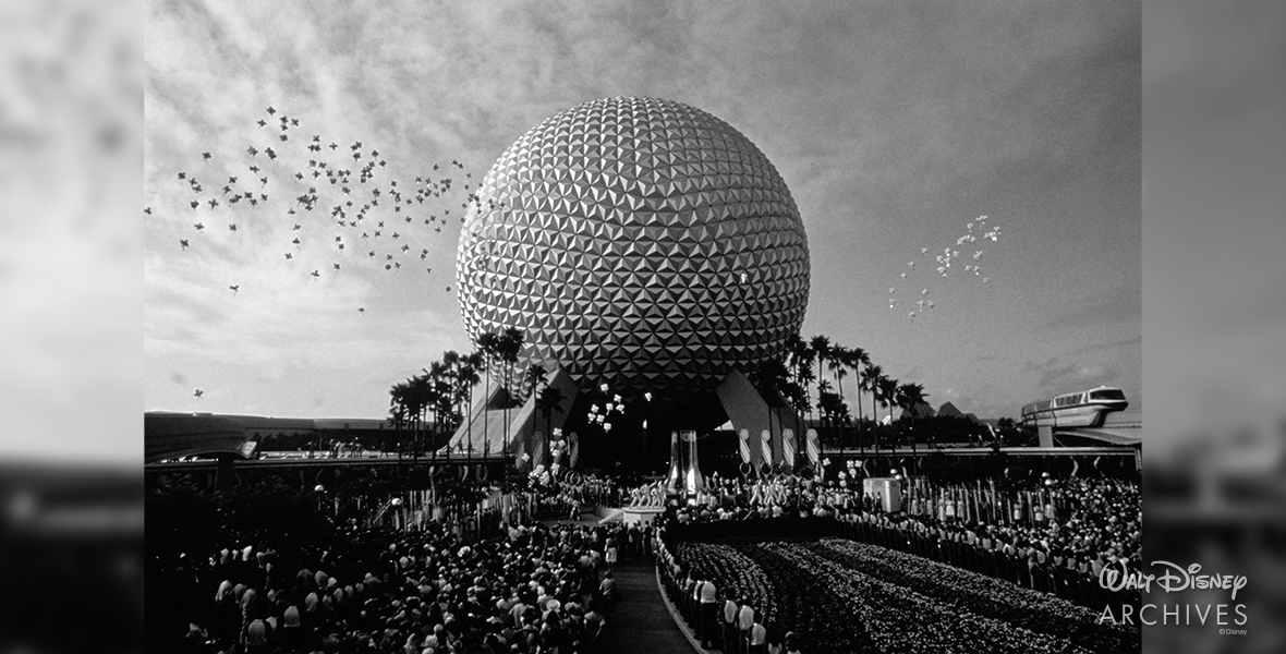 A wide view of the dedication festivities at the EPCOT Center dedication on October 1, 1982. 