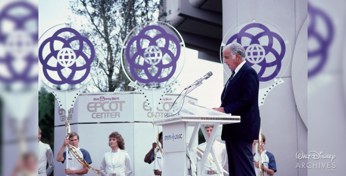 Card Walker speaking at the EPCOT Computer Central dedication on October 18, 1982. 