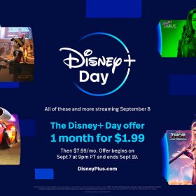 The white Disney+ Day logo is flanked by images from Pinocchio (top left), She-Hulk: Attorney at Law (top right), Epic Adventures with Bertie Gregory (middle right), Thor: Love and Thunder (bottom right), and Cars on the Road (bottom left). Below the logo is detailed information about special Disney+ Day offers and perks.