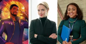 Alt Text: Star-Lord (T'Challa) wears a purple jacket, lined with gold details. One hand is on his hip, and the other is raised by his head. He is smiling with his mouth closed. He is awash in gold light, emanating from behind him. Alt Text: Amanda Seyfried, as Elizabeth Holmes, wears a black blazer, a black turtleneck, and red lipstick. Her blonde hair is pulled back into a tight bun, and she is crossing her arms. Alt Text: Quinta Brunson, in character as Janine Teagues, smiles as she wears gold hoop earrings and a gold chain necklace. She has a lanyard around her neck, which is attached to her Abbott Elementary school ID. She is wearing an emerald green turtleneck, a brown belt, and a patchwork skirt. She is holding a blue binder while standing against a brick wall.