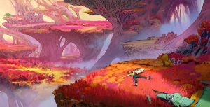 An early illustration from production designer Mehrdad Isvandi shows the character of Searcher Clade and his dog Legend in the “Windy Jungle” of Strange World. They have just crash landed, and their downed green vessel is seen in the foreground. They lie on a magenta grassy knoll with patches of orange plant forms. In the background are other strange plants that look like toad stools; the environment is largely magenta, with splashes of orange, yellow, and brown under a defuse yellow lighting.