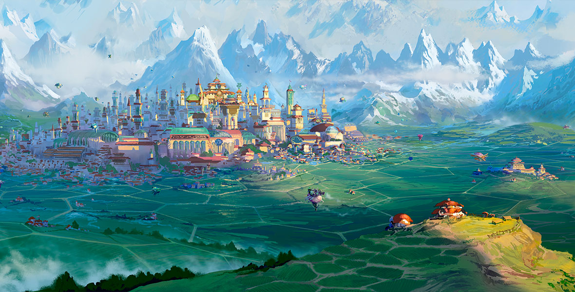 Concept art of the land of Avalonia is centered in a valley surrounded by snowy mountain peaks in the background. The city, with its spires, shines in gold in the distance while the lush green farms—divided into hexagonal shapes—are in the foreground.