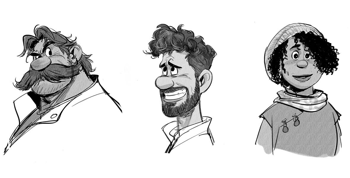 Jin Kim’s character development sketch shows the three lead characters of Strange World, from left to right, of Jaeger Clade, the legendary explorer; his older son Searcher Clade, a prosperous father; and Ethan Clade, his younger son.