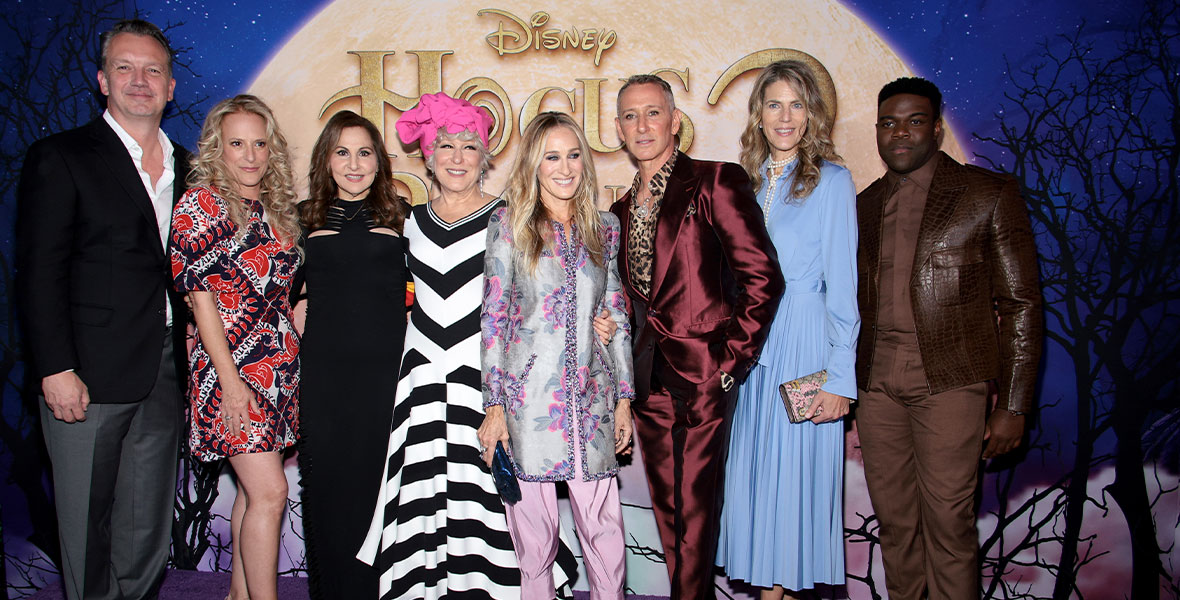 From left to right, Sean Bailey, Anne Fletcher, Kathy Najimy, Disney Legend Bette Midler, Sarah Jessica Parker, Adam Shankman, Lynn Harris, and Sam Richardson attend the Hocus Pocus 2 World Premiere at AMC Lincoln Square on September 27, 2022, in New York City.