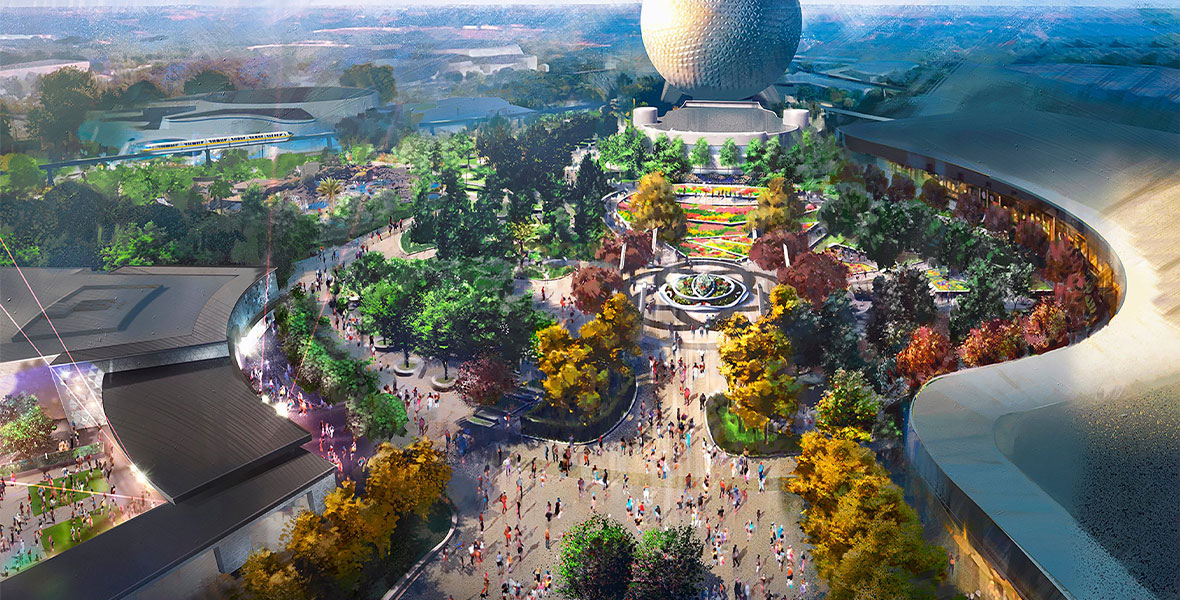 Artist rendering of World Celebration from EPCOT’s current transformation. Spaceship Earth is seen at the top of the image, and below it there is lush, green space for guests to relax. The central location will also include Communicore Hall and Communicore Plaza.