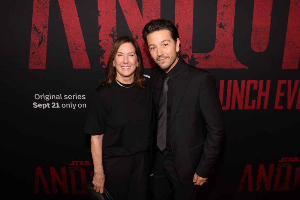 LOS ANGELES, CALIFORNIA - SEPTEMBER 15: (L-R) Kathleen Kennedy and Diego Luna arrive at the special 3-episode launch event for Lucasfilm's original series Andor at the El Capitan Theatre in Hollywood, California on September 15, 2022. (Photo by Jesse Grant/Getty Images for Disney)