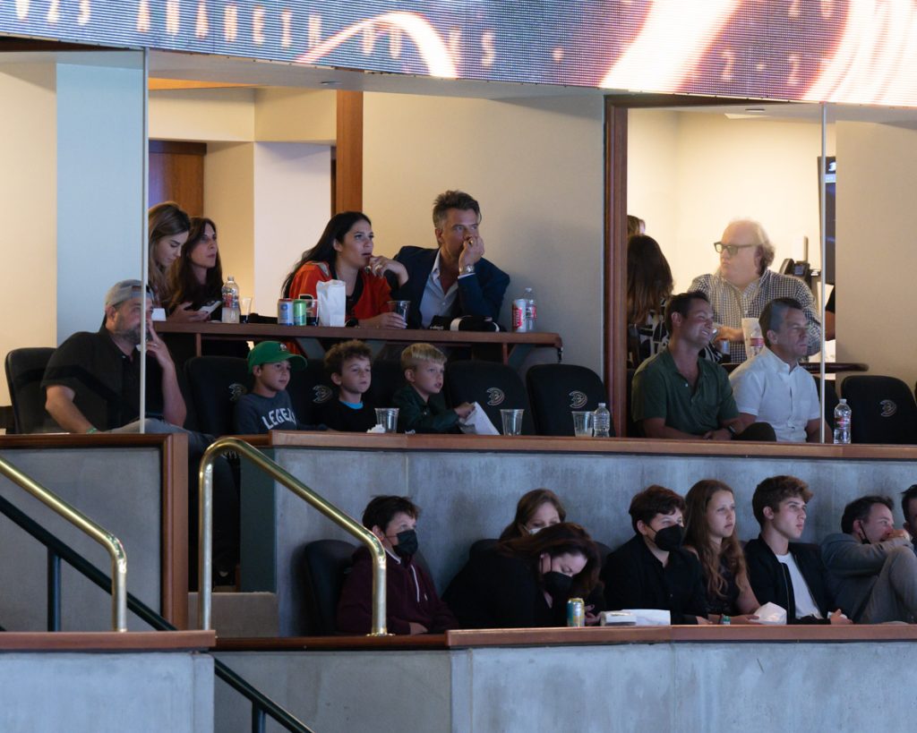 The cast of The Mighty Ducks: Game Changers sit in luxury suites during the premiere event for the second season at Honda Center in Anaheim, California.